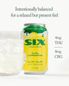 SIX sparkling lemonade can with green and yellow design on a white background, 4mg of thc, 8mg of cbg