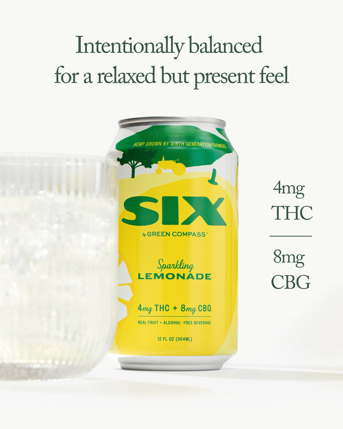 SIX sparkling lemonade can with green and yellow design on a white background