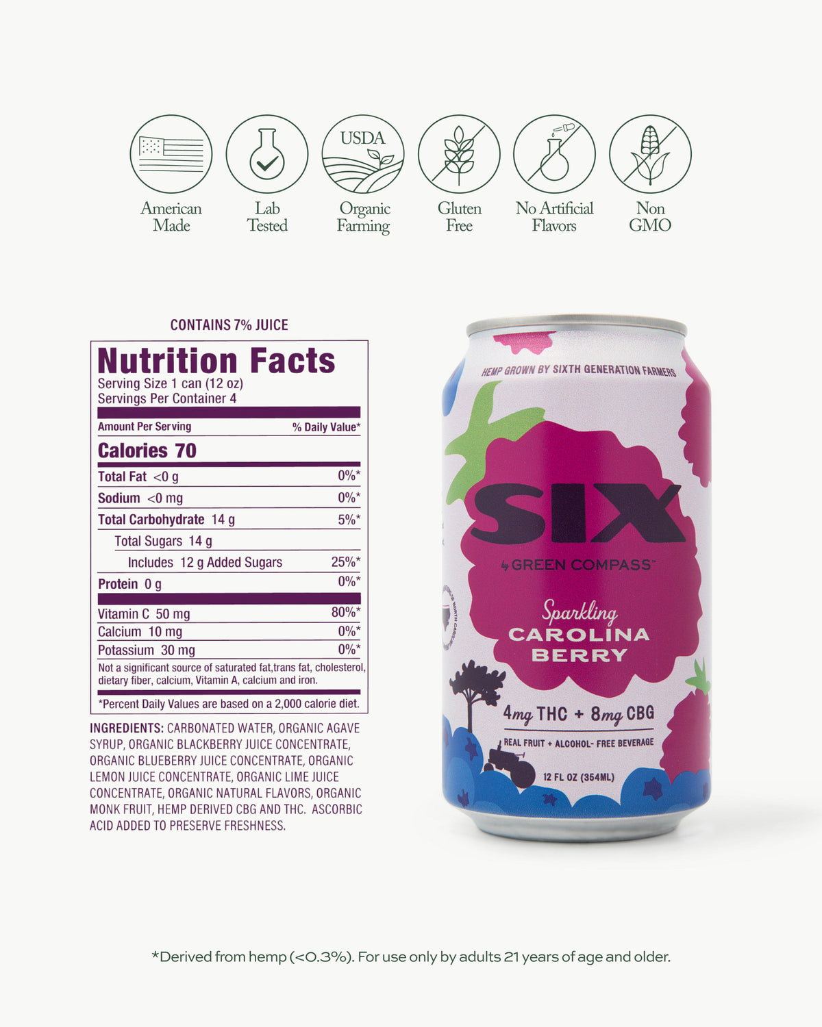 SIX sparkling Carolina berry can with nutrition facts label on a white background