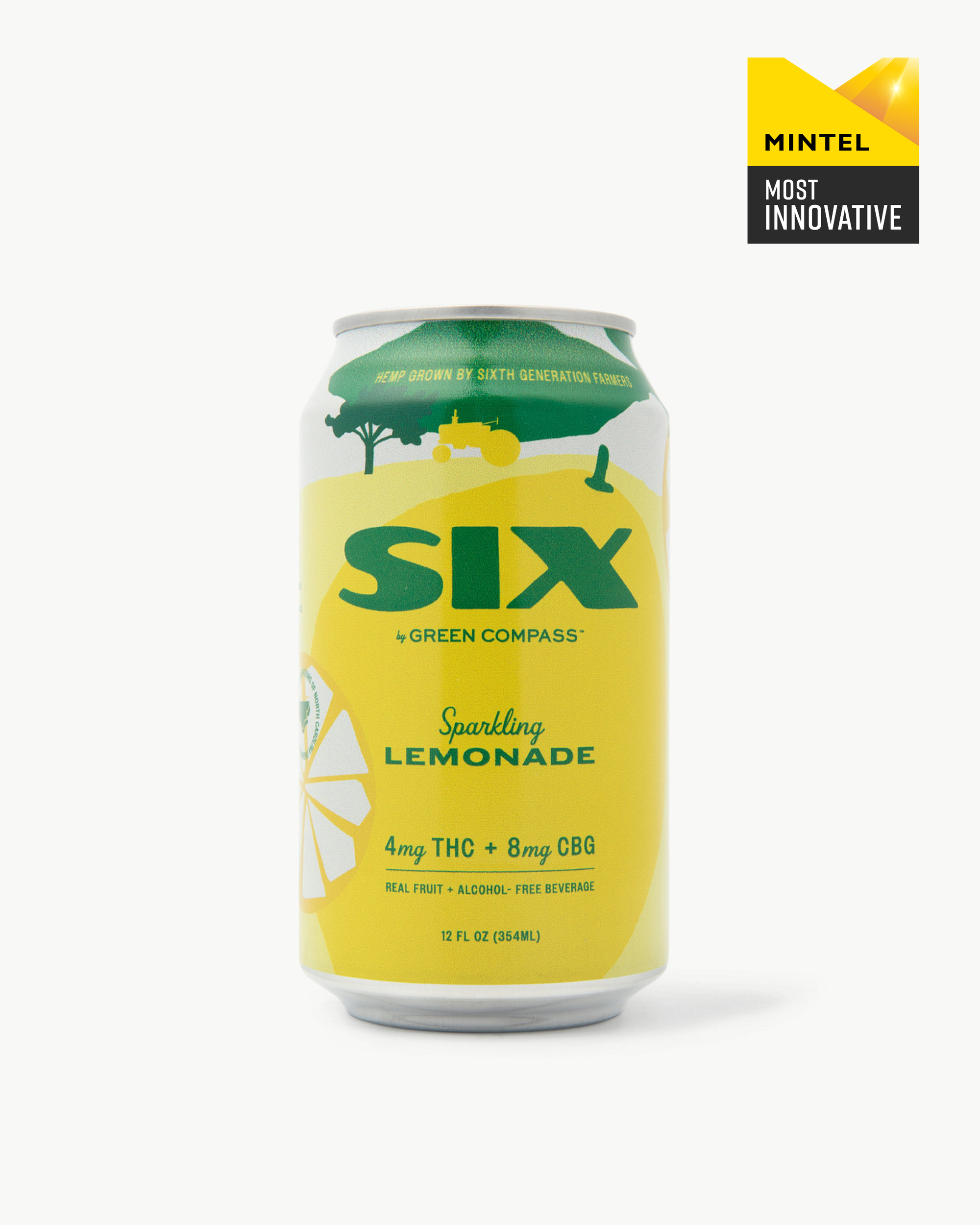 Yellow can of SIX sparkling lemonade on a white background with a badge in the top right corner displaying the mintel most innovative award