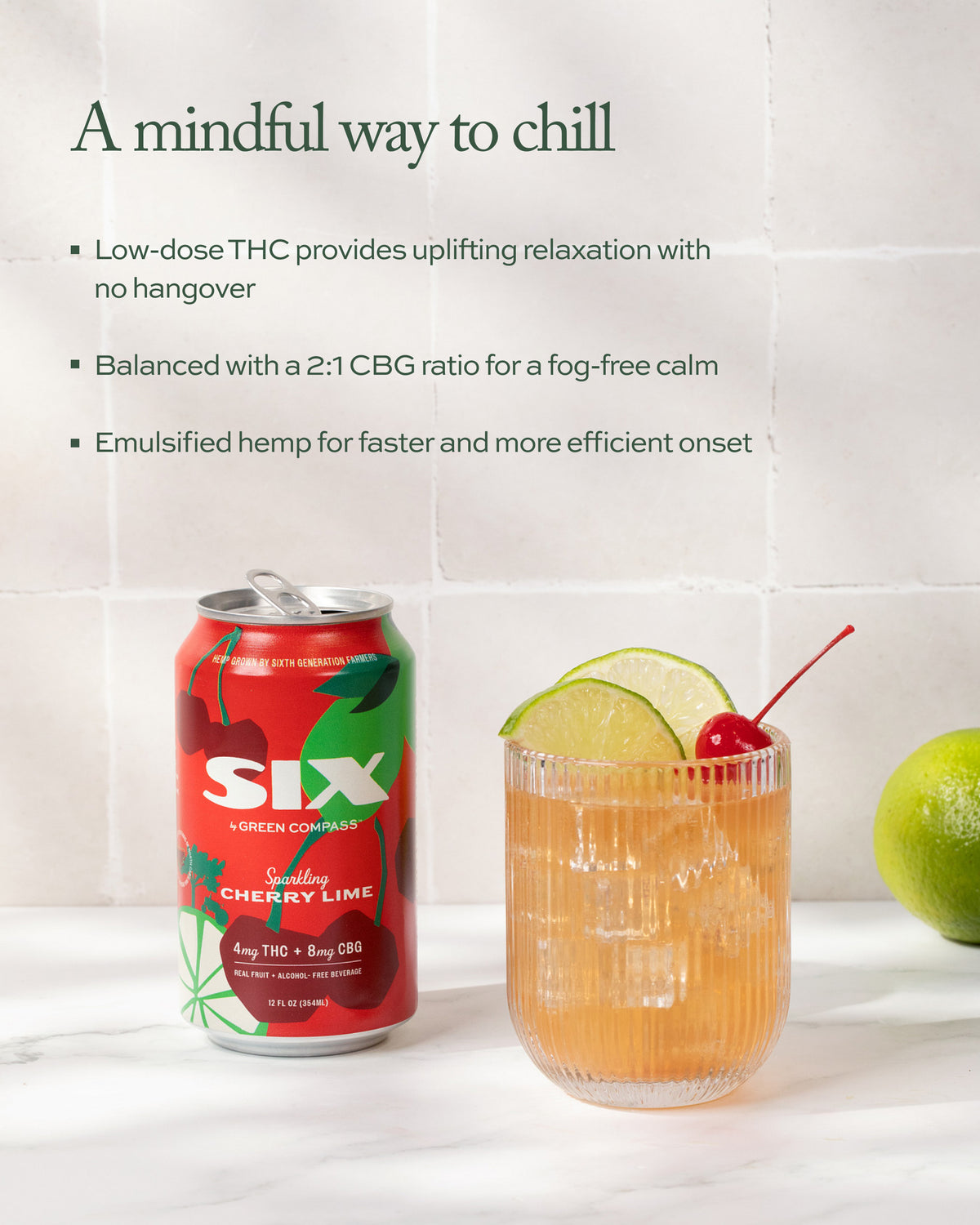 SIX Cherry Lime can with a cocktail and text about THC benefits on a white background